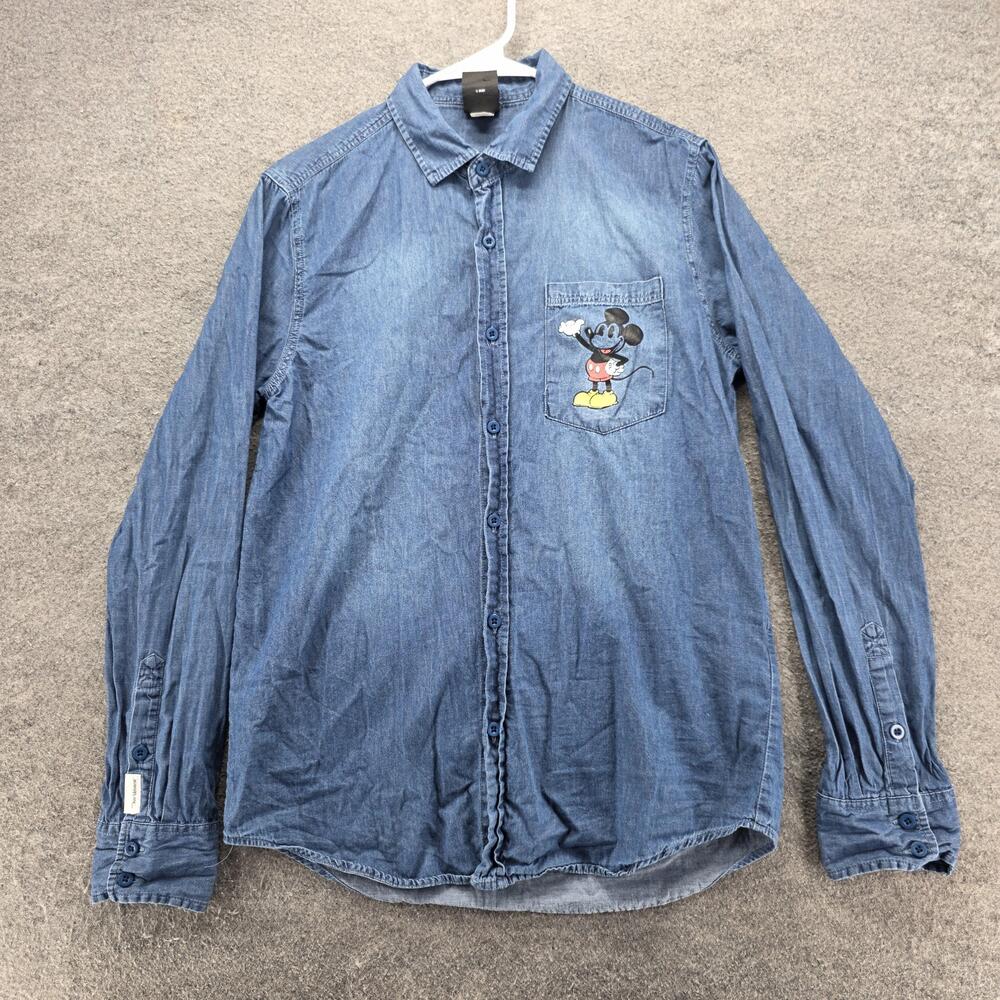 Disney Our Universe Shirt Mens XS Mickey Mouse Pluto Denim Button Up Casual